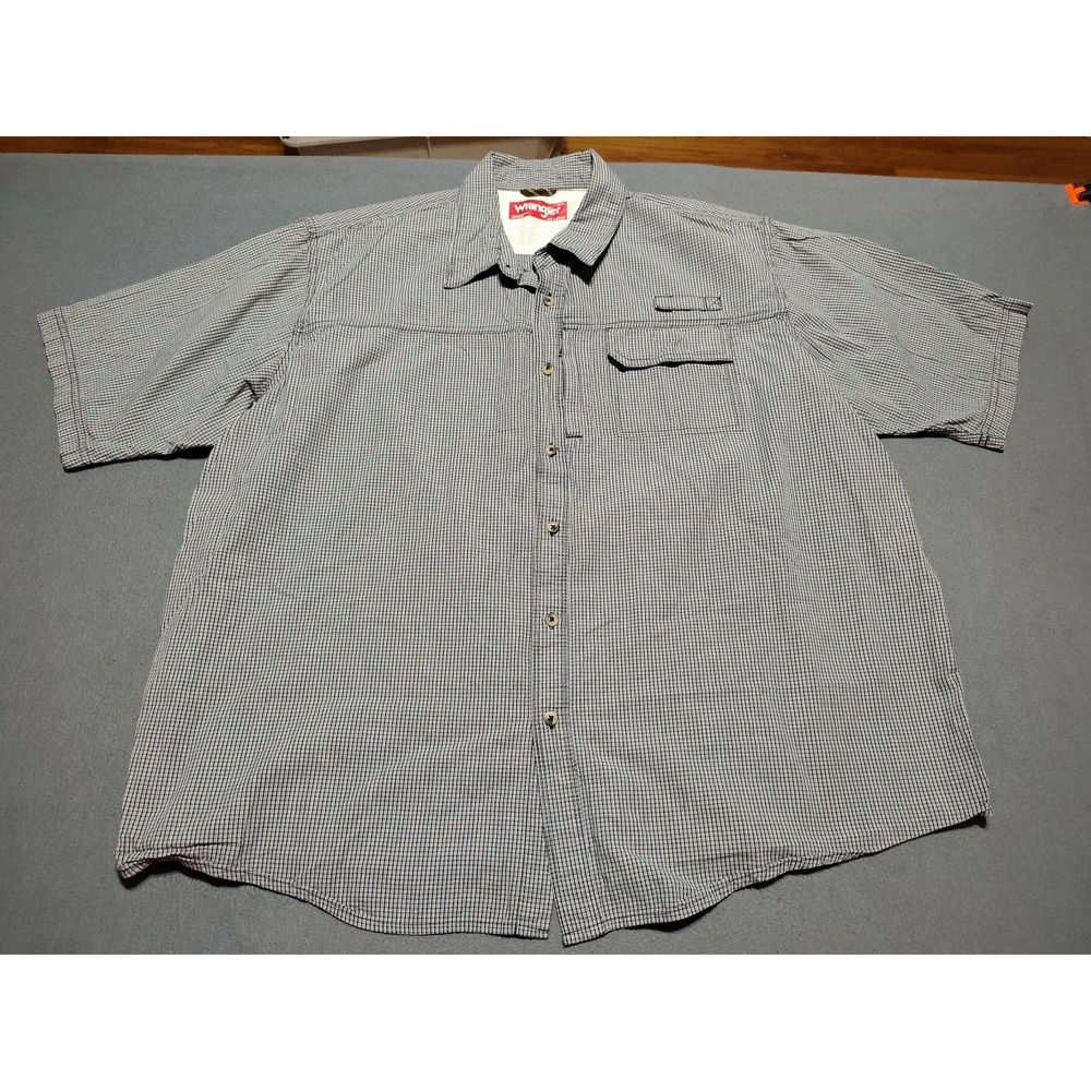 Wrangler Shirt Men 2XL Navy Plaid Farmer Outdoor Hiking Short Sleeve Button Up